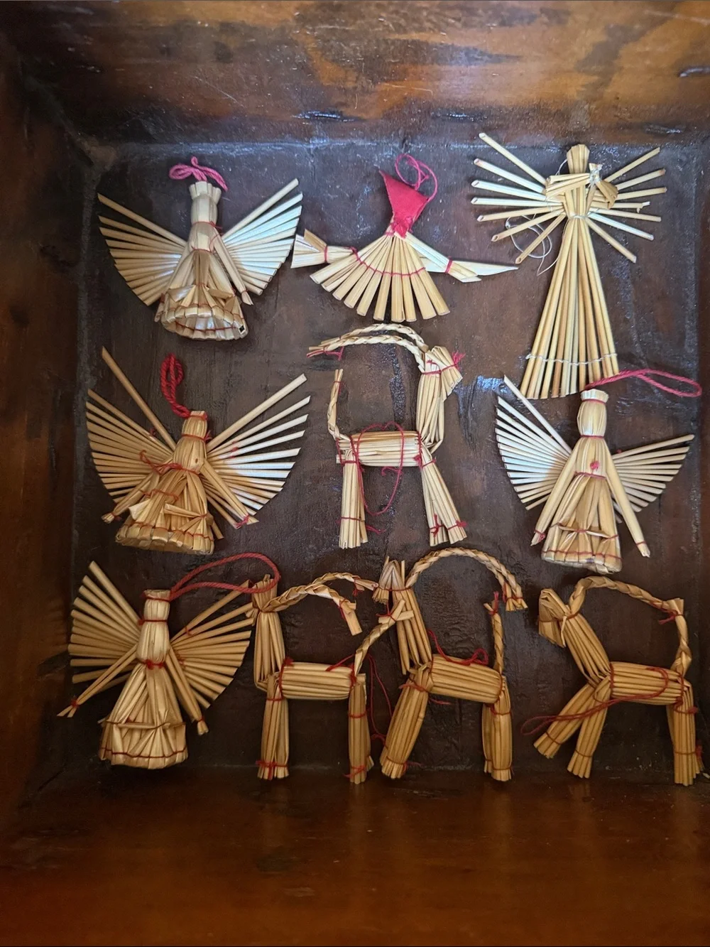 Vintage Scandinavian Handmade  Straw Ornaments set of 10 with basket